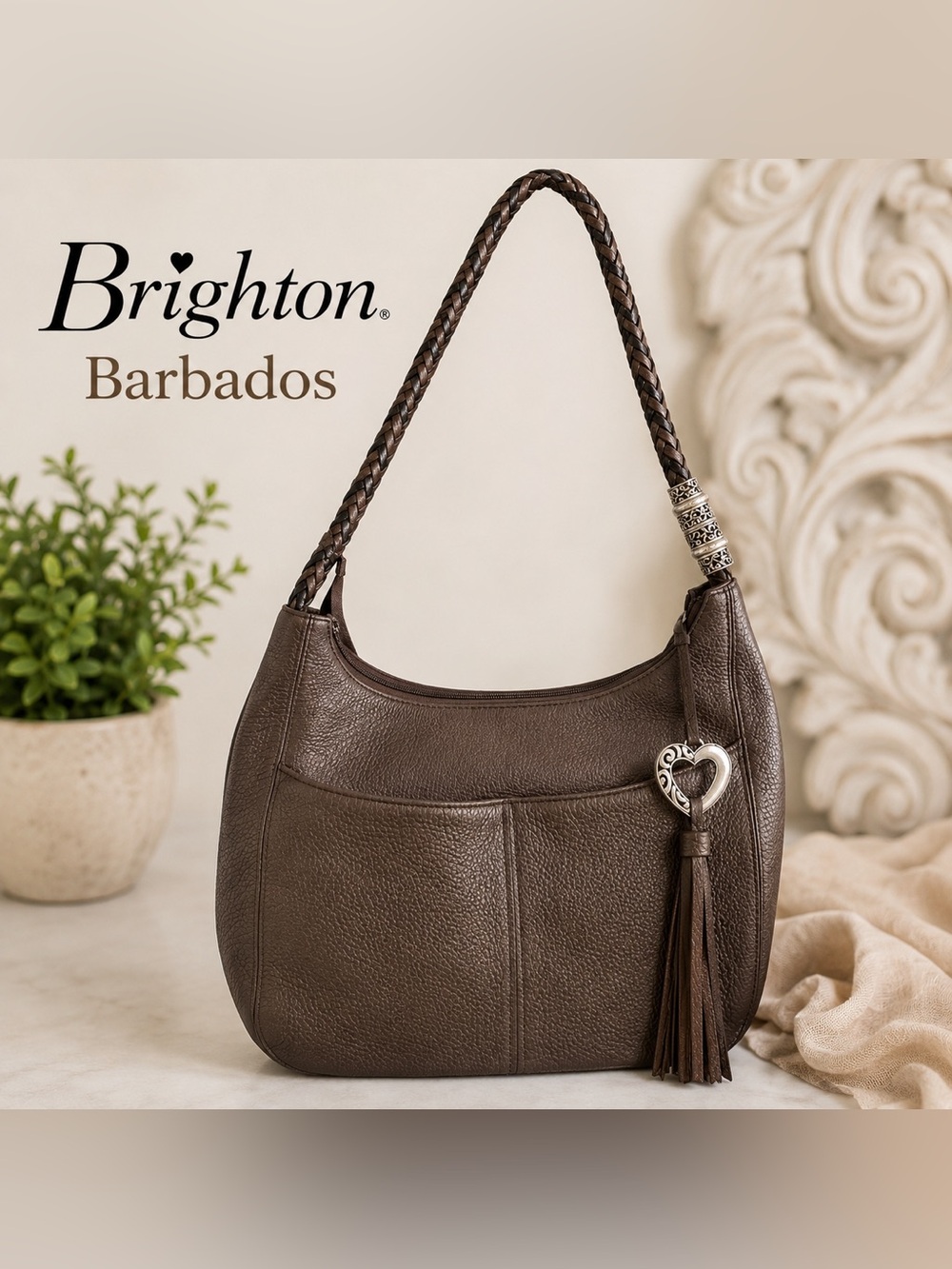 Brighton Barbados Brown Pebbled Leather Shoulder Bag Braided Strap Heart Charm